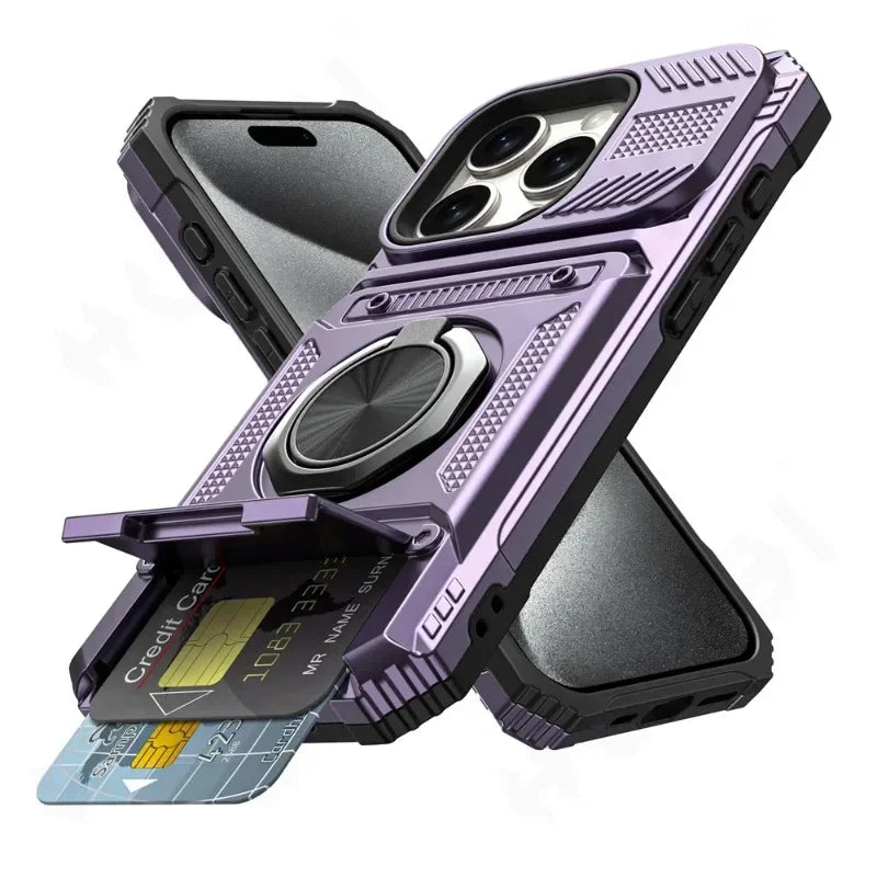 Magnetic Ring Wallet iPhone Case — Heavy Duty | Card Slot + Kickstand | All Models