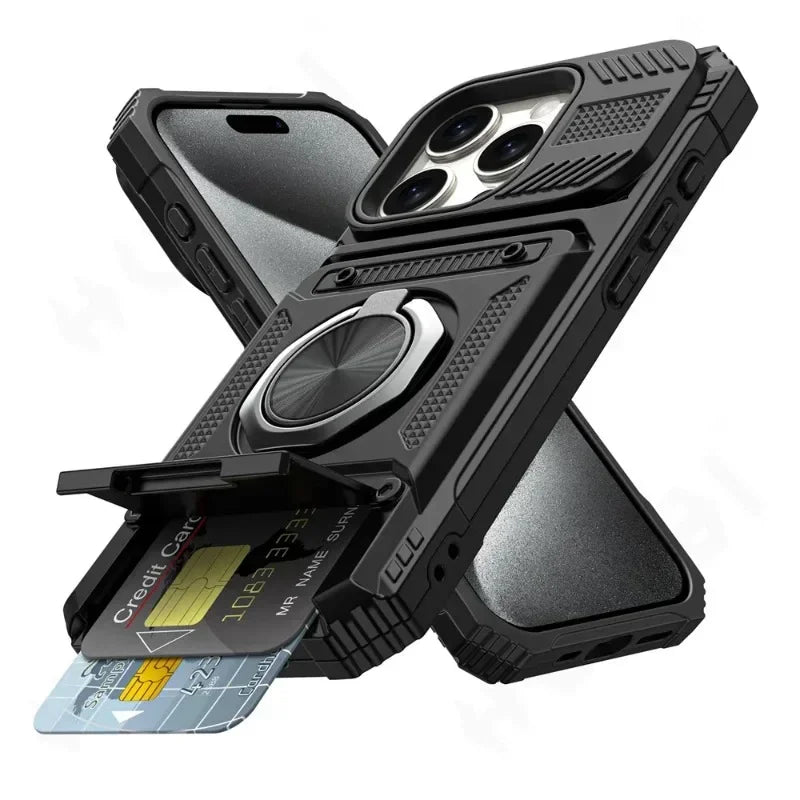 Magnetic Ring Wallet iPhone Case — Heavy Duty | Card Slot + Kickstand | All Models