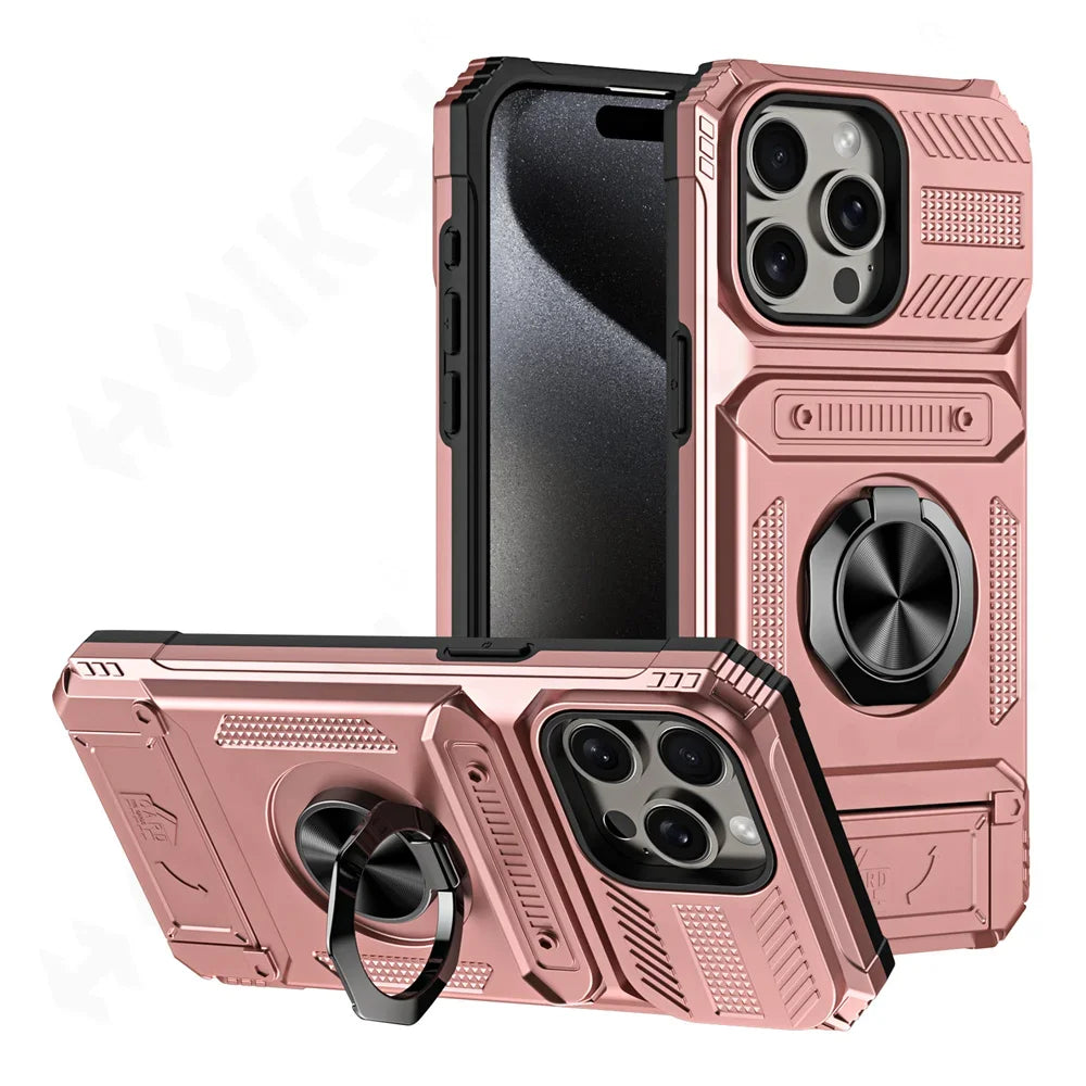 Magnetic Ring Wallet iPhone Case — Heavy Duty | Card Slot + Kickstand | All Models