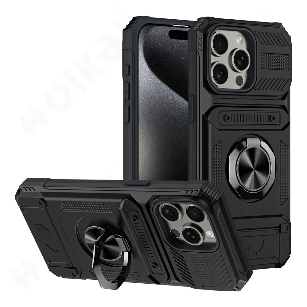 Magnetic Ring Wallet iPhone Case — Heavy Duty | Card Slot + Kickstand | All Models