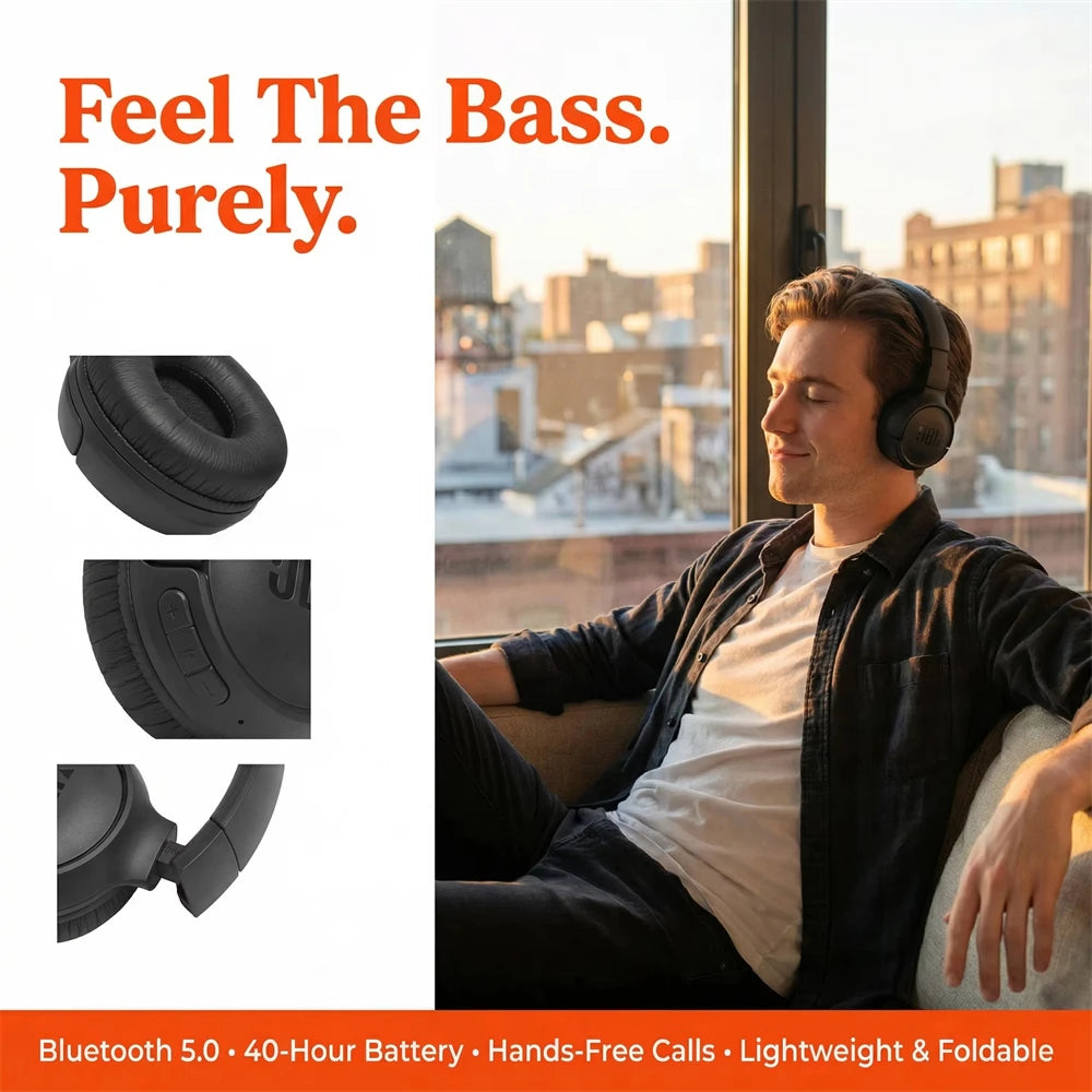 JBL Tune 510BT Wireless Headset — Pure Bass, 40H Battery, Fast Charging, Foldable