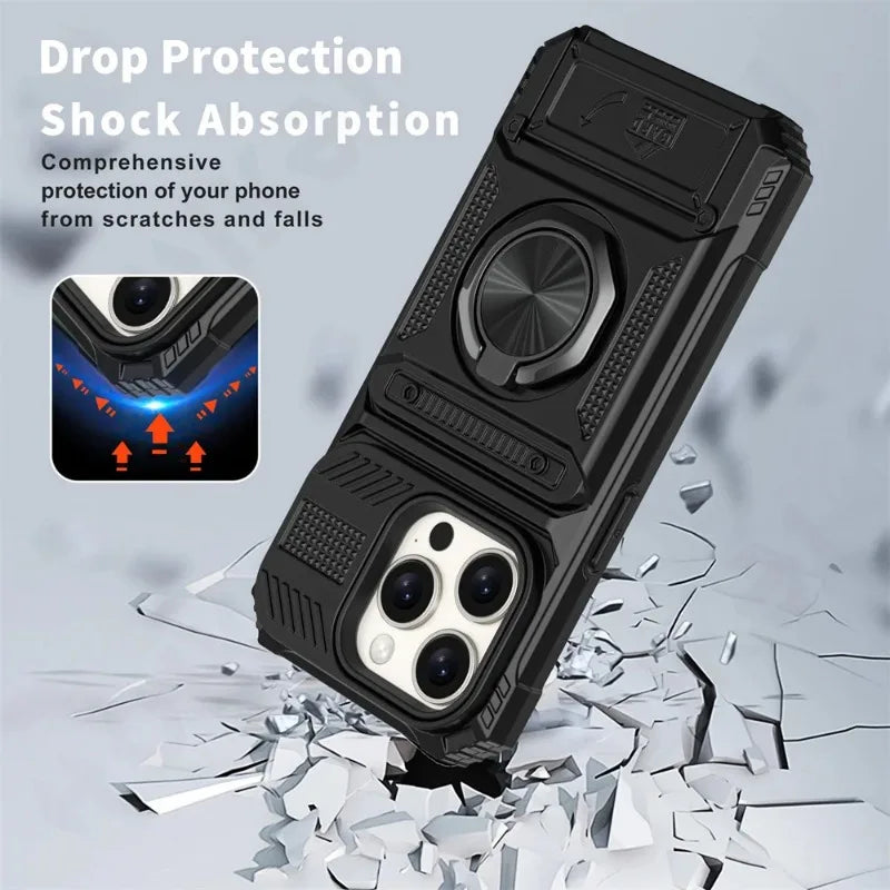 Magnetic Ring Wallet iPhone Case — Heavy Duty | Card Slot + Kickstand | All Models