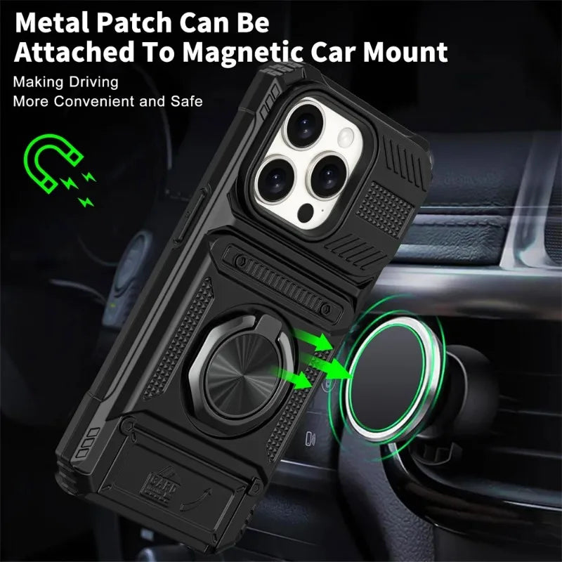 Magnetic Ring Wallet iPhone Case — Heavy Duty | Card Slot + Kickstand | All Models