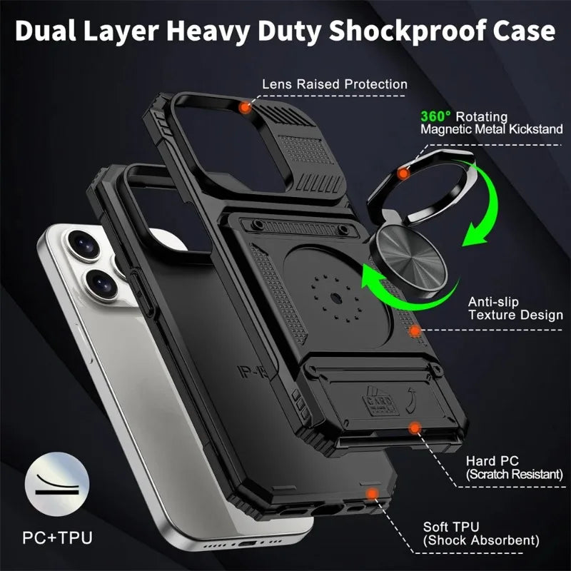 Magnetic Ring Wallet iPhone Case — Heavy Duty | Card Slot + Kickstand | All Models