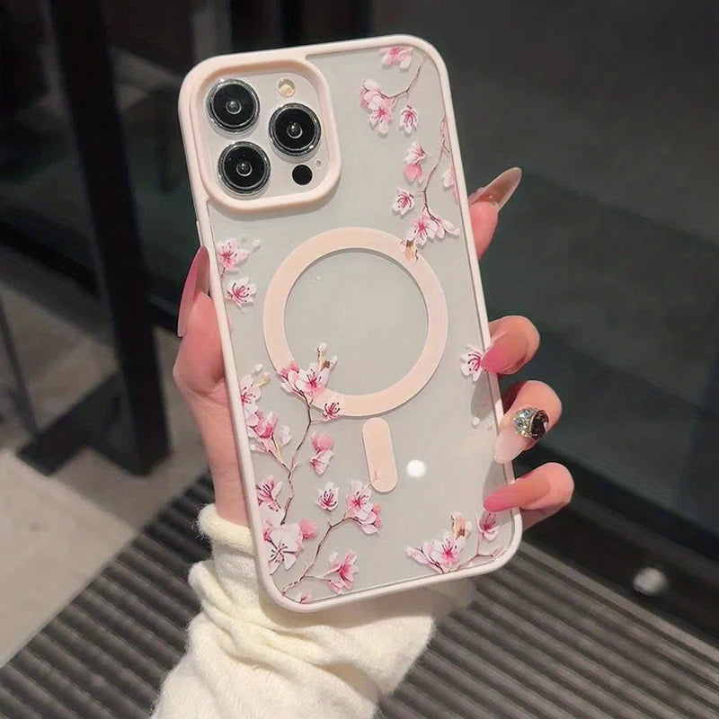 Floral Magnetic iPhone Case — Elegant Cherry Blossom Design for iPhone 11 to 17