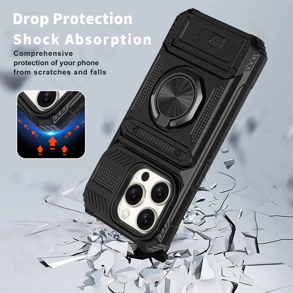 Magnetic Ring Wallet iPhone Case — Heavy Duty | Card Slot + Kickstand | All Models