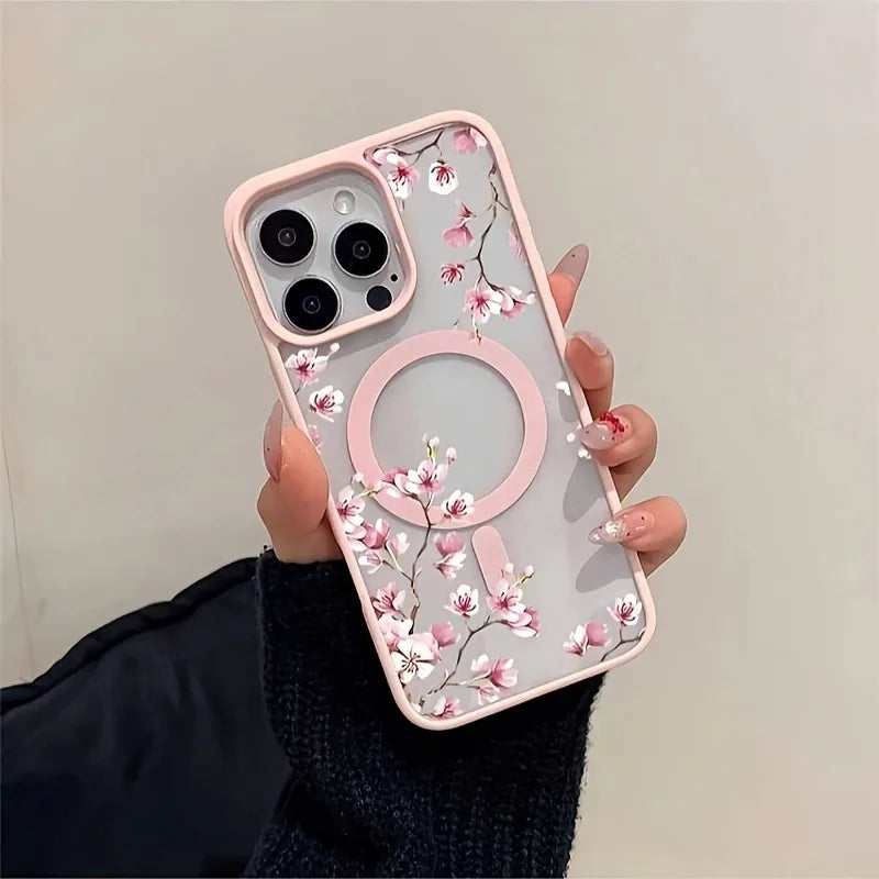 Floral Magnetic iPhone Case — Elegant Cherry Blossom Design for iPhone 11 to 17