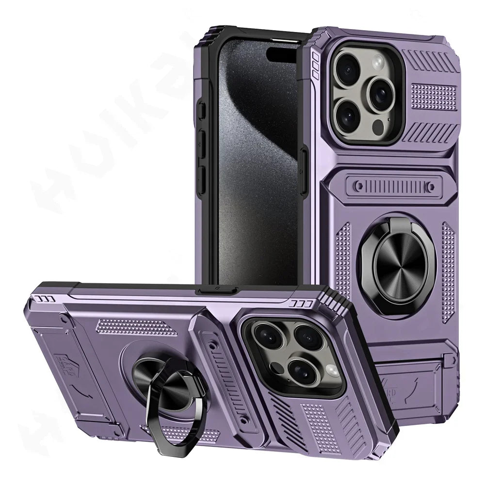 Magnetic Ring Wallet iPhone Case — Heavy Duty | Card Slot + Kickstand | All Models