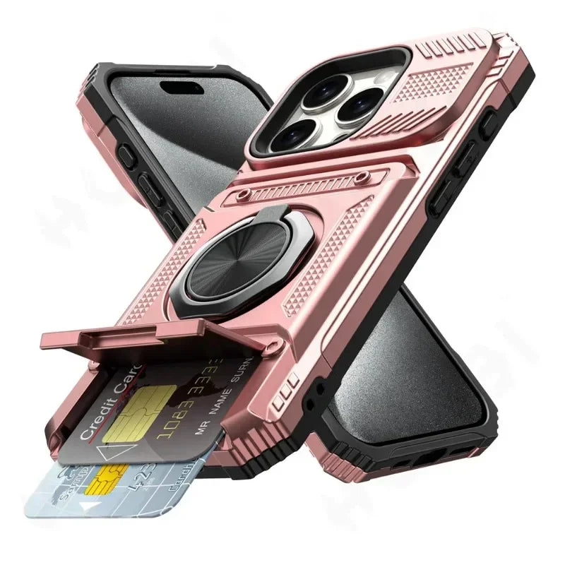Magnetic Ring Wallet iPhone Case — Heavy Duty | Card Slot + Kickstand | All Models