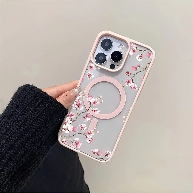 Floral Magnetic iPhone Case — Elegant Cherry Blossom Design for iPhone 11 to 17