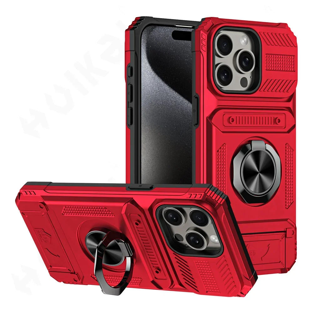 Magnetic Ring Wallet iPhone Case — Heavy Duty | Card Slot + Kickstand | All Models