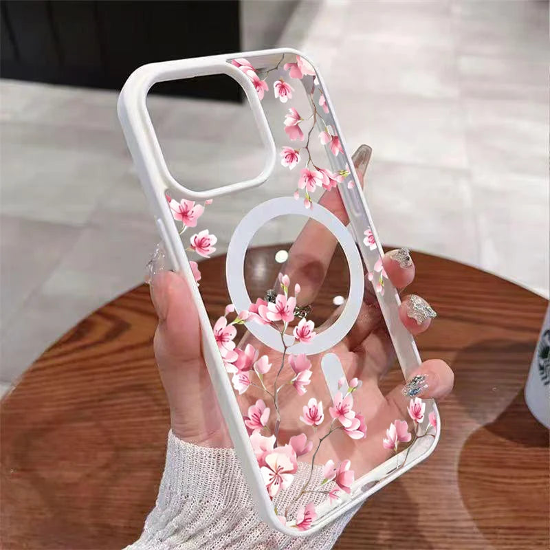 Floral Magnetic iPhone Case — Elegant Cherry Blossom Design for iPhone 11 to 17
