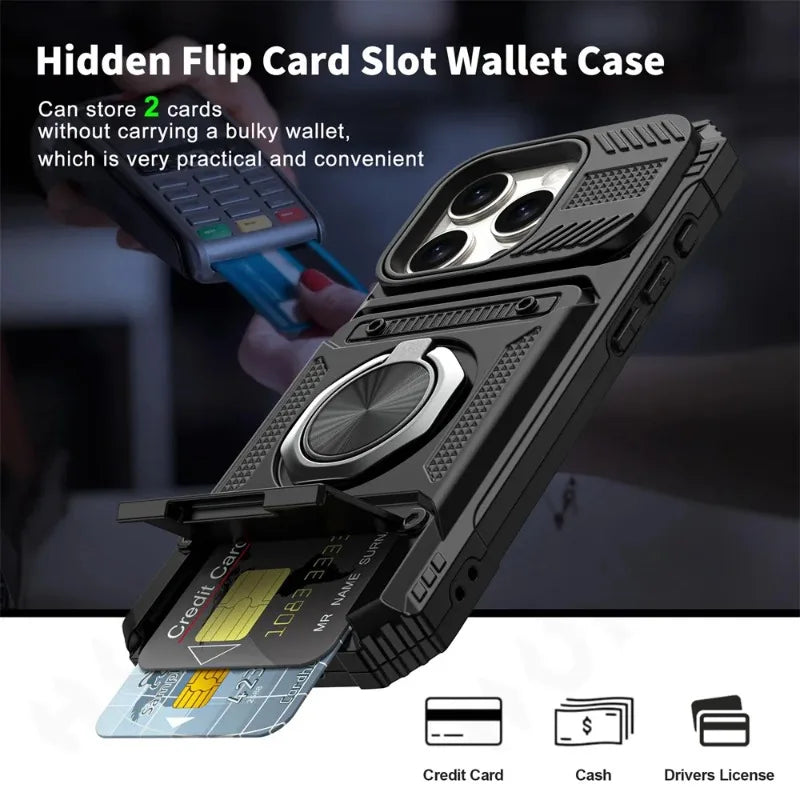 Magnetic Ring Wallet iPhone Case — Heavy Duty | Card Slot + Kickstand | All Models