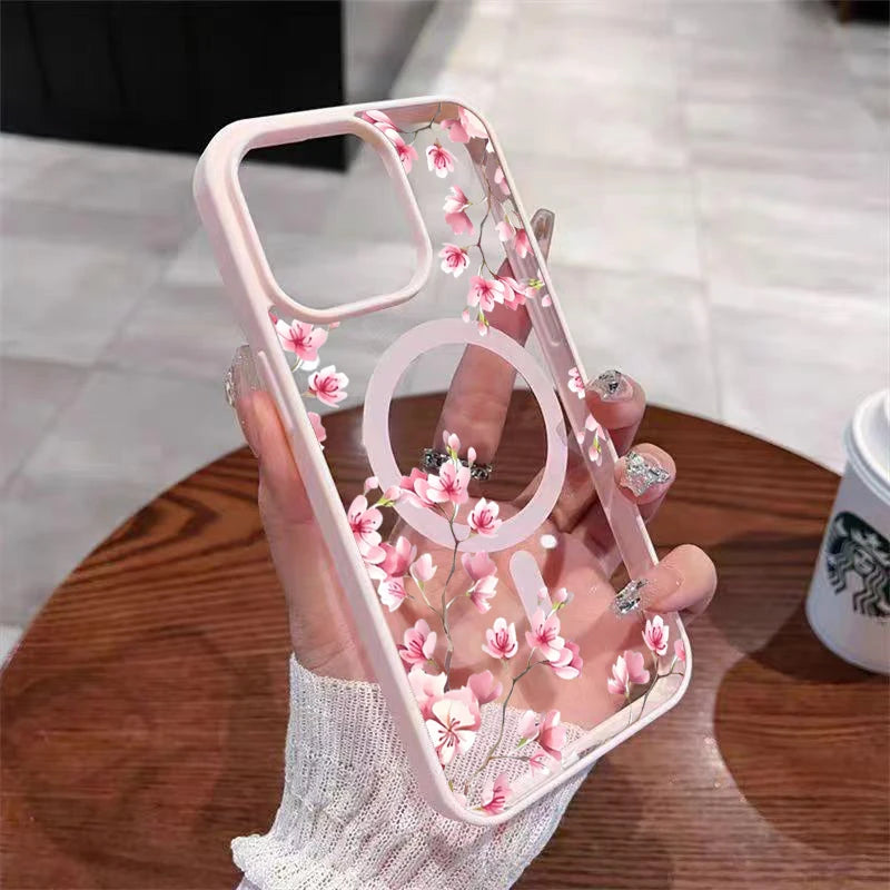 Floral Magnetic iPhone Case — Elegant Cherry Blossom Design for iPhone 11 to 17