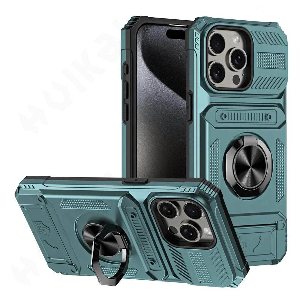 Magnetic Ring Wallet iPhone Case — Heavy Duty | Card Slot + Kickstand | All Models