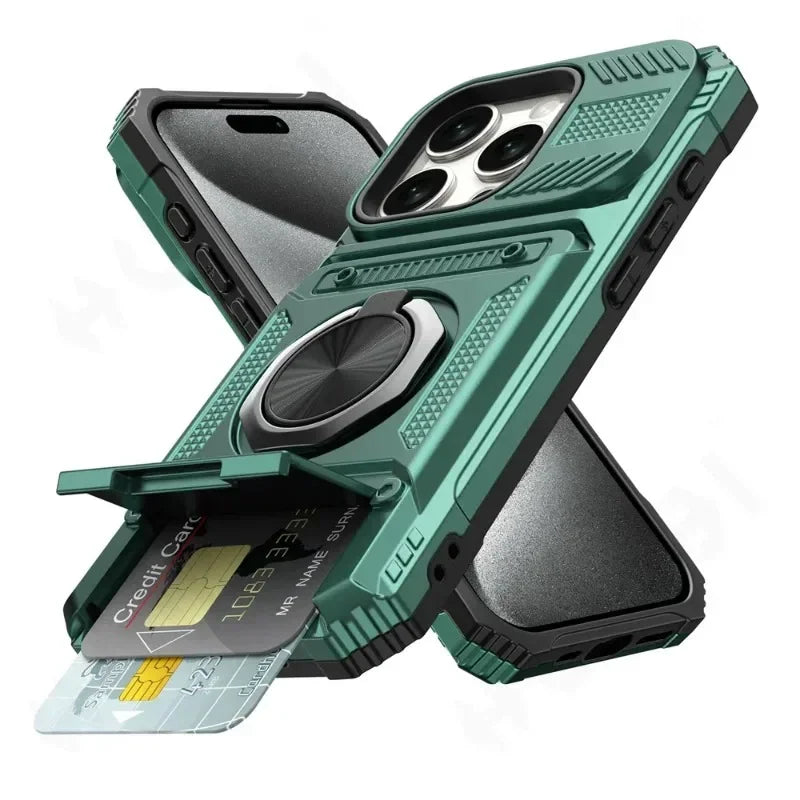 Magnetic Ring Wallet iPhone Case — Heavy Duty | Card Slot + Kickstand | All Models
