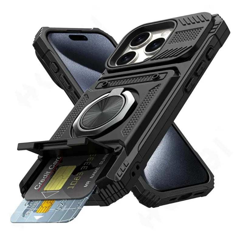 Magnetic Ring Wallet iPhone Case — Heavy Duty | Card Slot + Kickstand | All Models