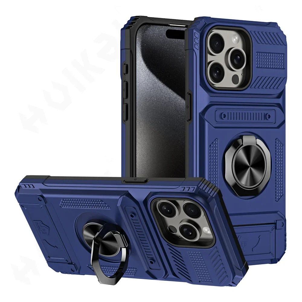 Magnetic Ring Wallet iPhone Case — Heavy Duty | Card Slot + Kickstand | All Models