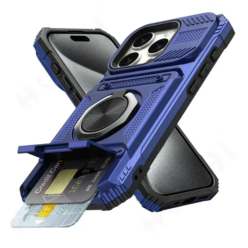 Magnetic Ring Wallet iPhone Case — Heavy Duty | Card Slot + Kickstand | All Models